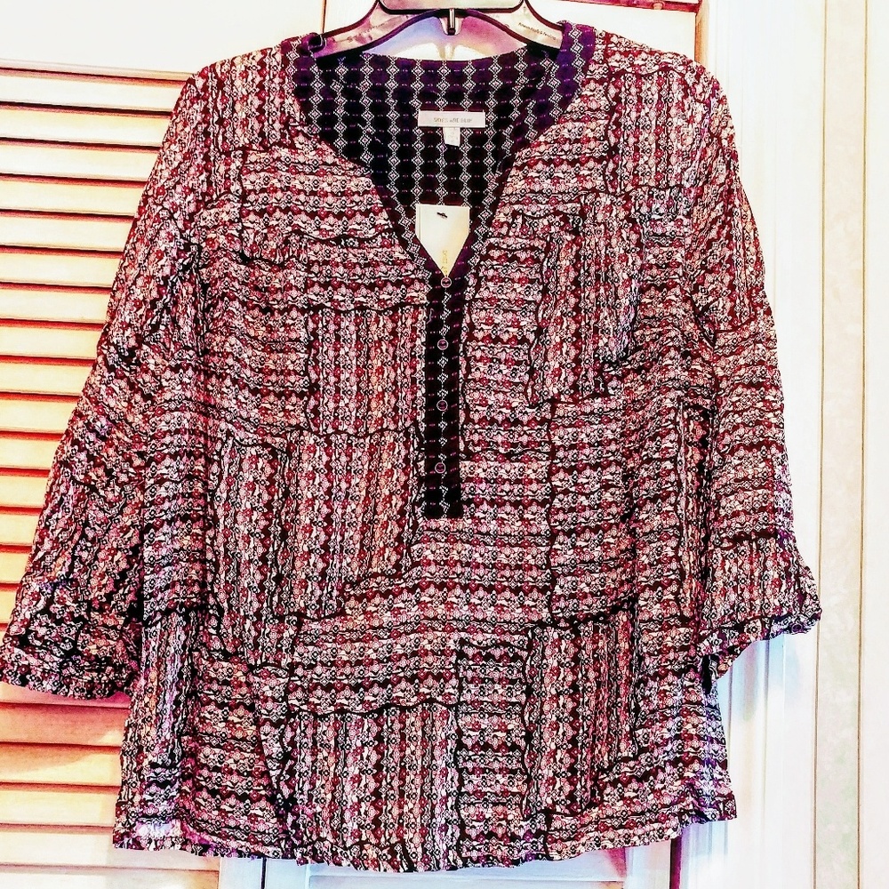 NWT, Patchwork, V-Neck Blouse, Small